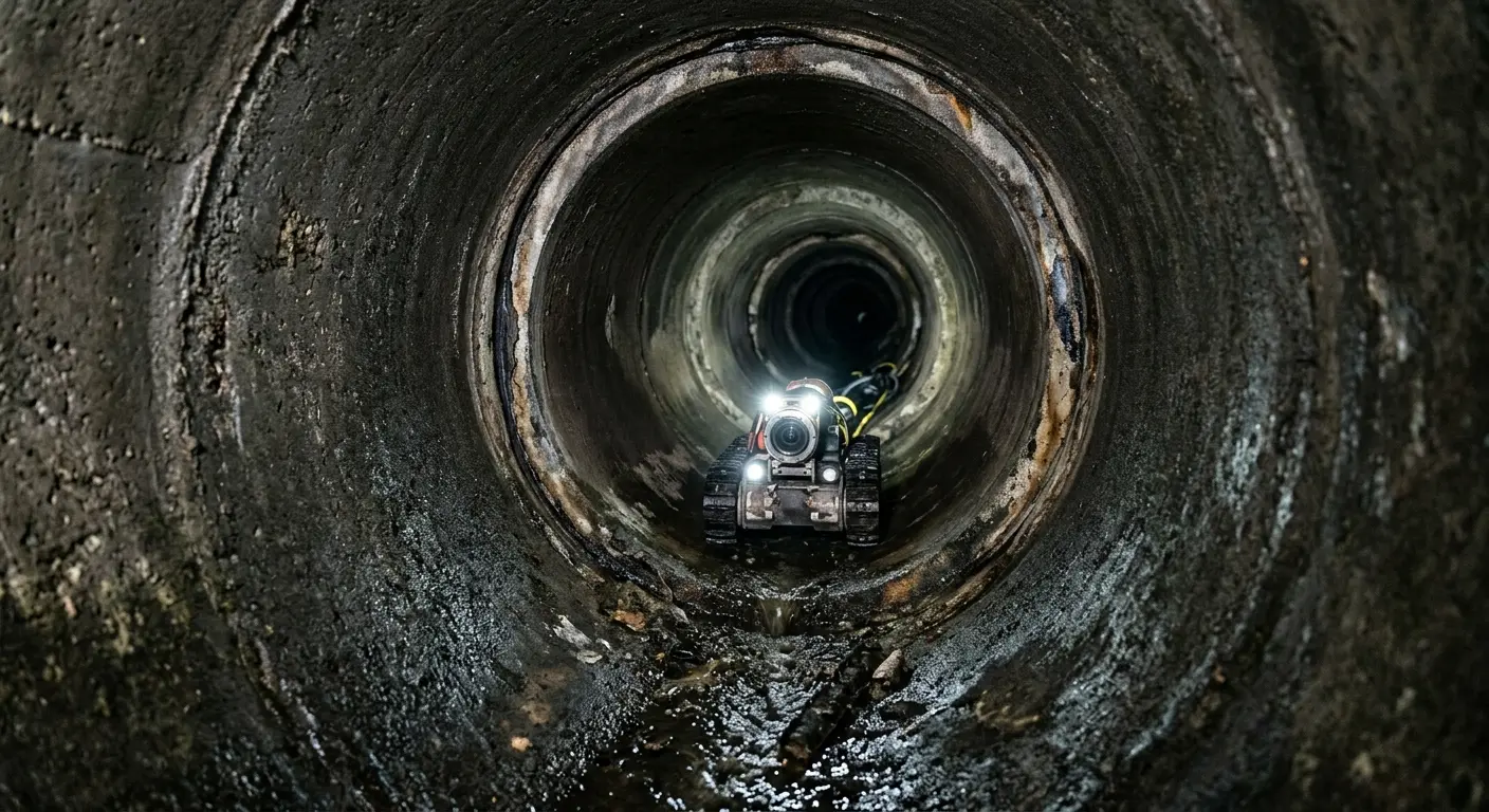 Robotic sewer camera inspecting pipe interior for Drain Snake Service in Holly