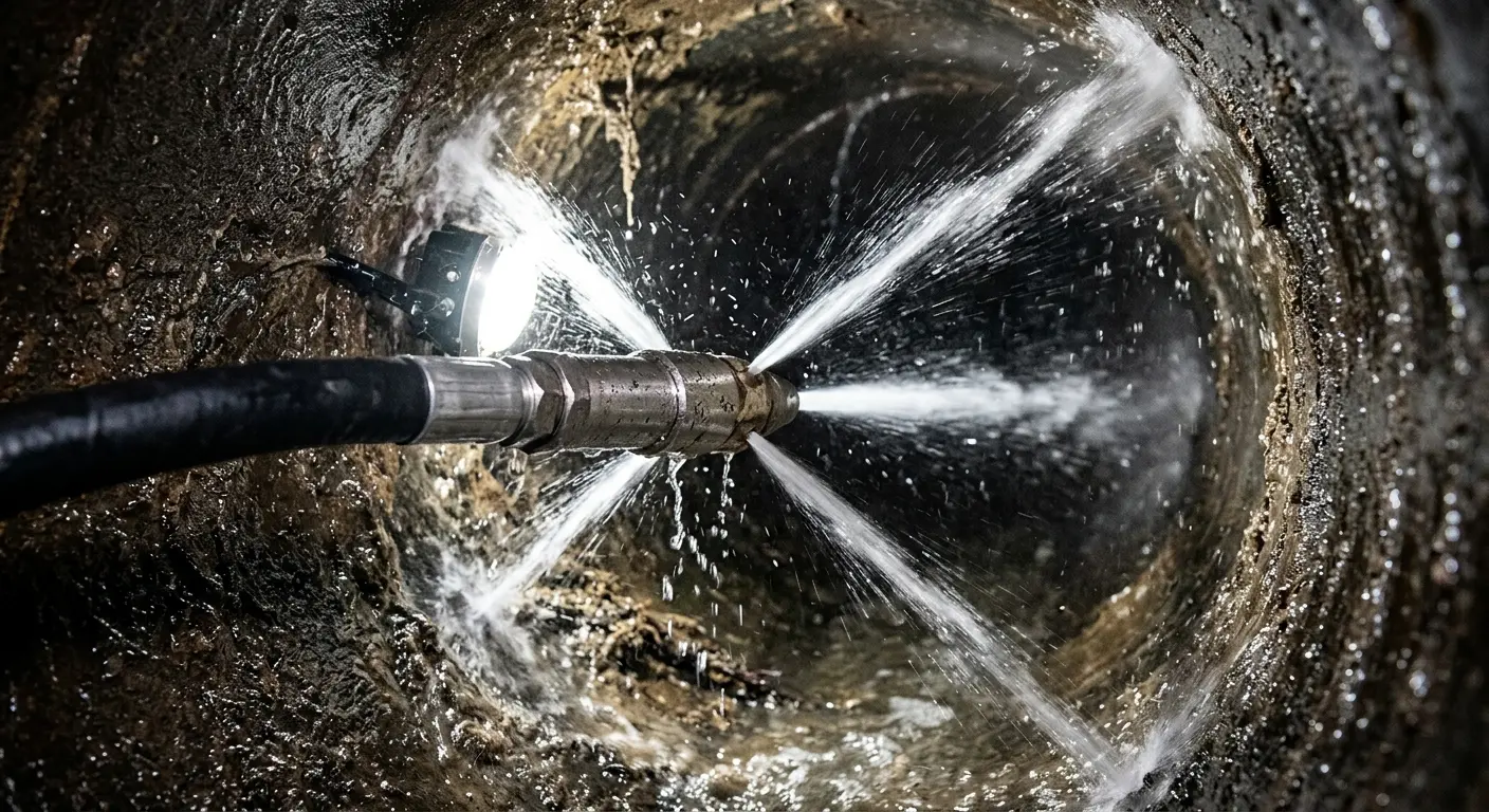 High-pressure hydro jetting nozzle cleaning sewer pipe for Sewer Cleanout in Holly