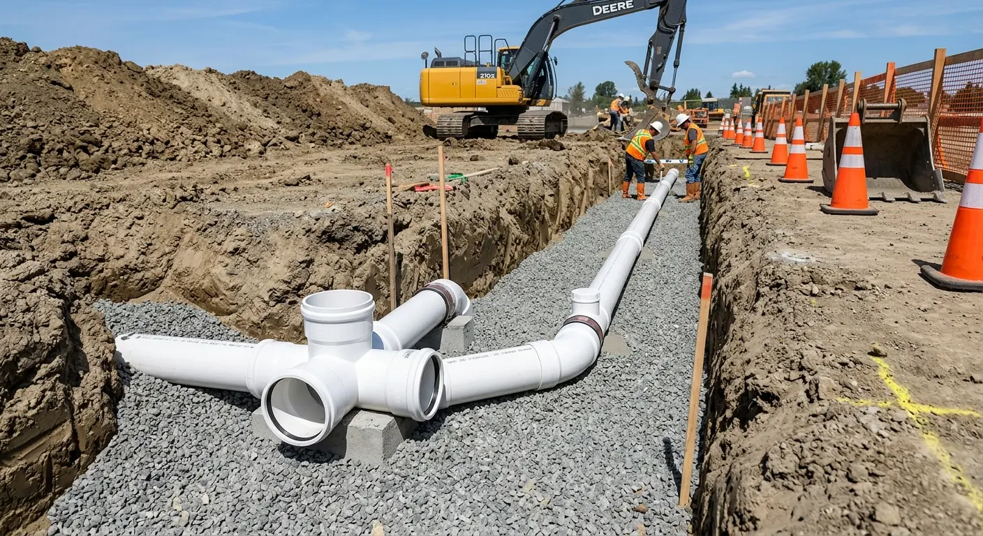 New PVC sewer pipe installation in open trench for Sewer Backup in Holly