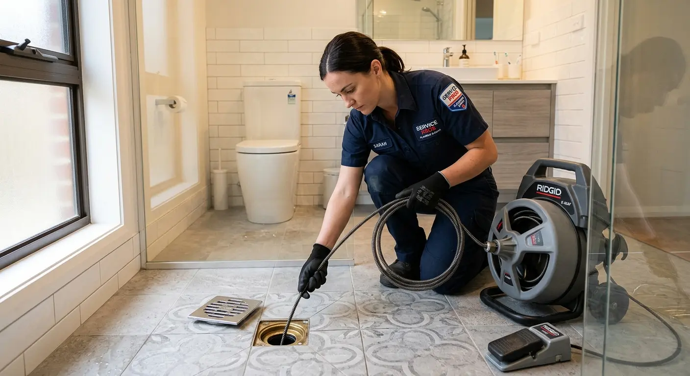 Technician clearing a bathroom floor drain for Drain Cleaning in Holly
